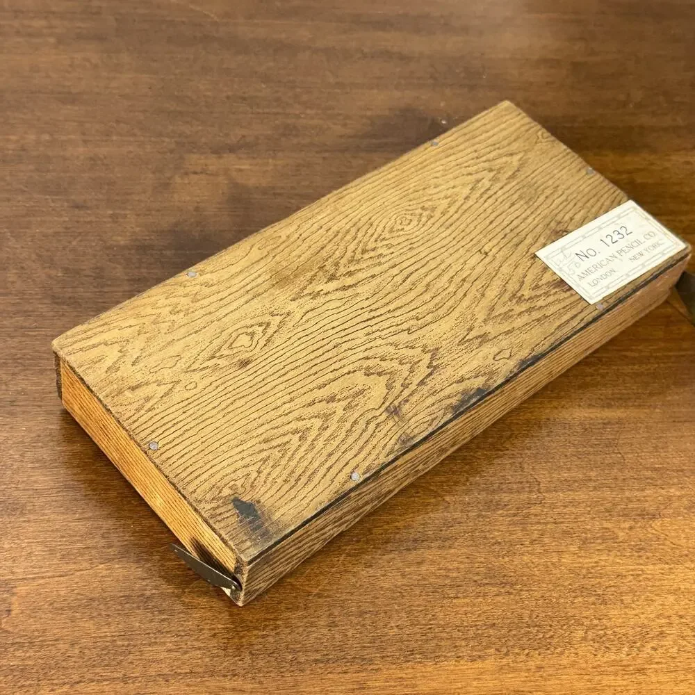 Vintage American Pencil Co No. 1232 Wood Pencil Box Schoolhouse Children Sliding